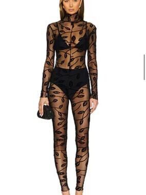 Norma Kamali Black Sheer Leaf-Embroidered Jumpsuit